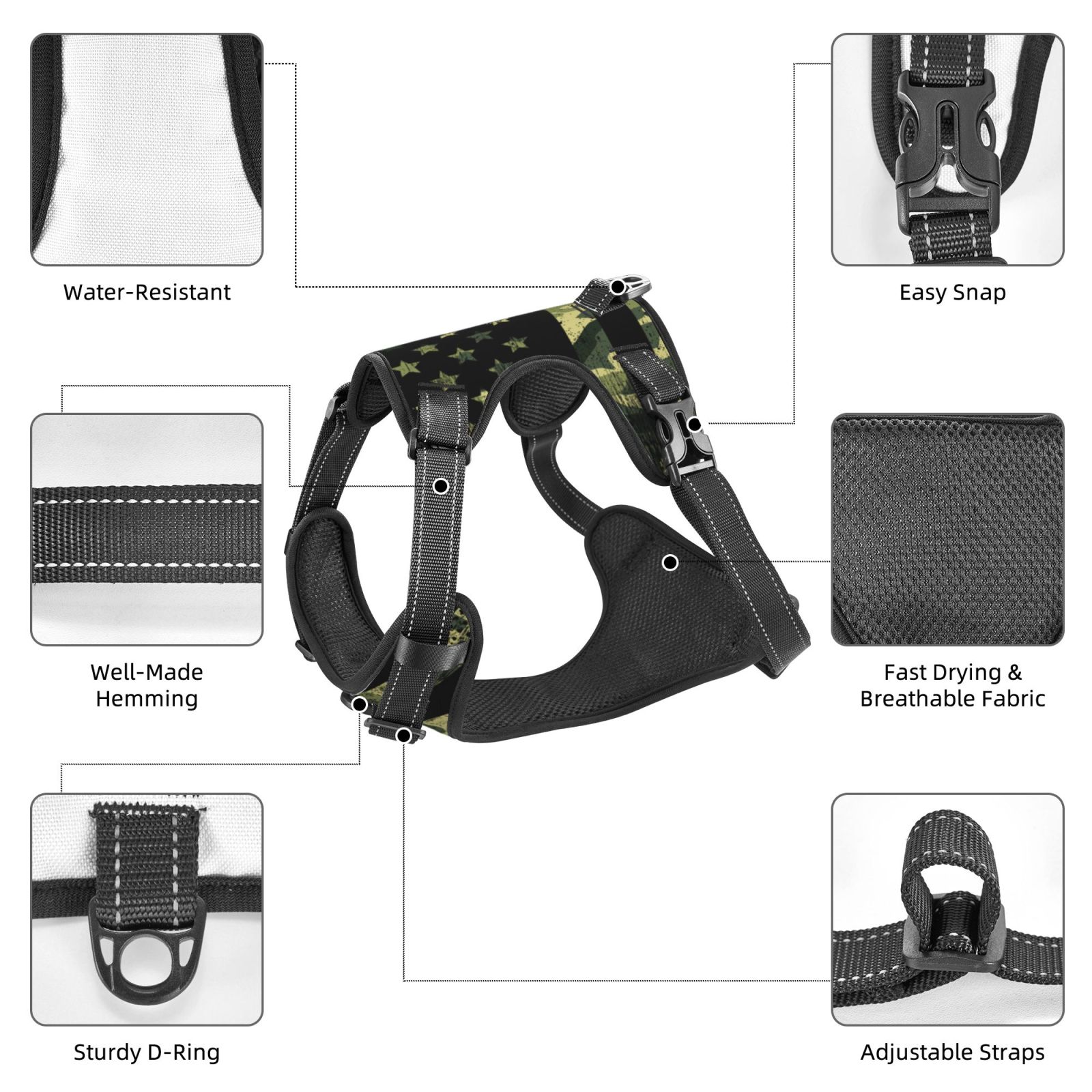 Naloa American Flag Camo Pet Harness Vest with Traction Rope, Adjustable No-Choke Dog Vest for Outdoor, Walking - X-Large