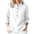 thumbnail image 3 of ClodeEU Women's Linen 3/4 Sleeve Crewneck Button Shirt with Side Slit,Solid Color Casual Summer Top White,Women's Plus S, 3 of 9