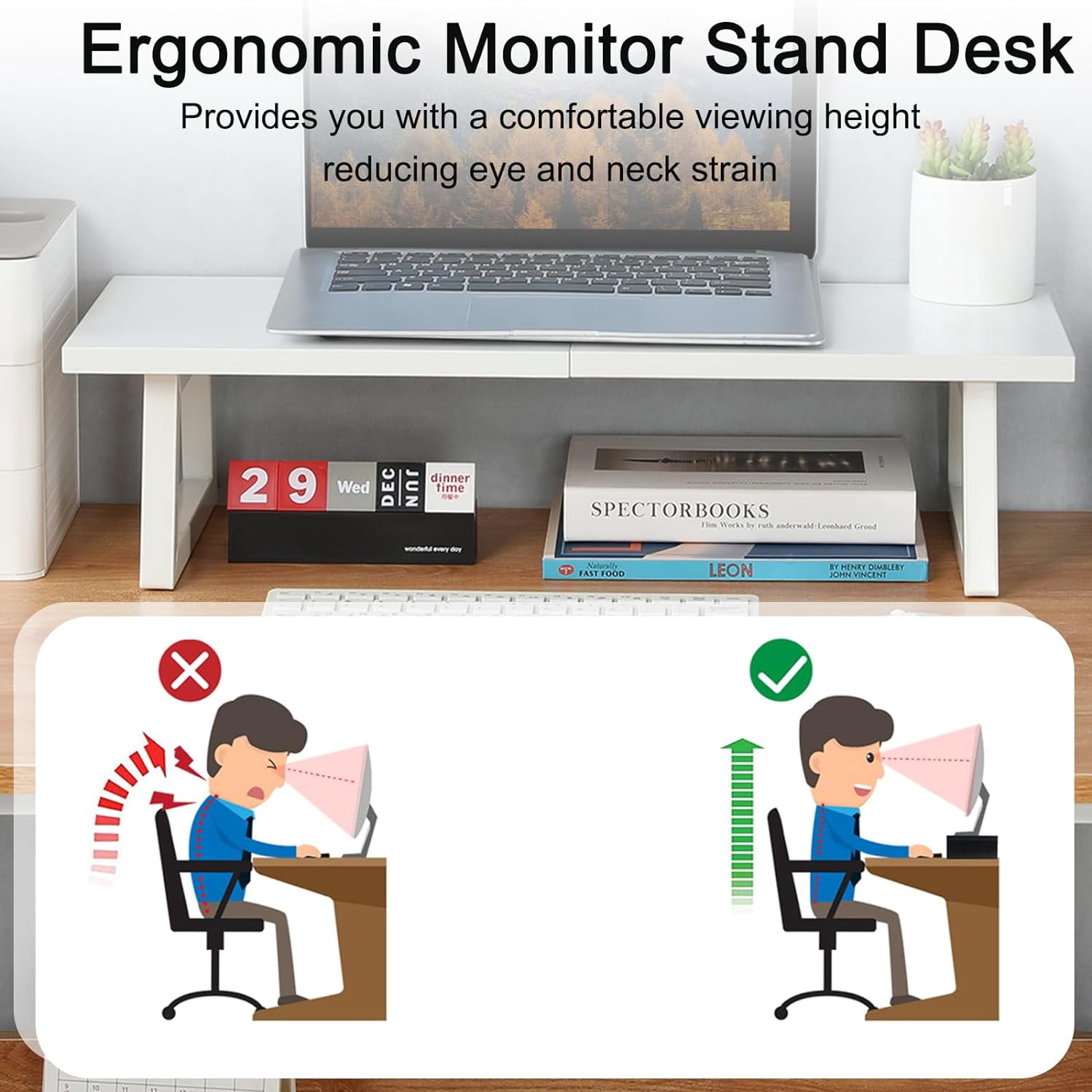 24 inch Monitor Stand Riser, White Wood & Steel Computer Monitor Stand with Storage, Laptop, PC, Printer Stand Riser for Desktop Office Desk Organizers