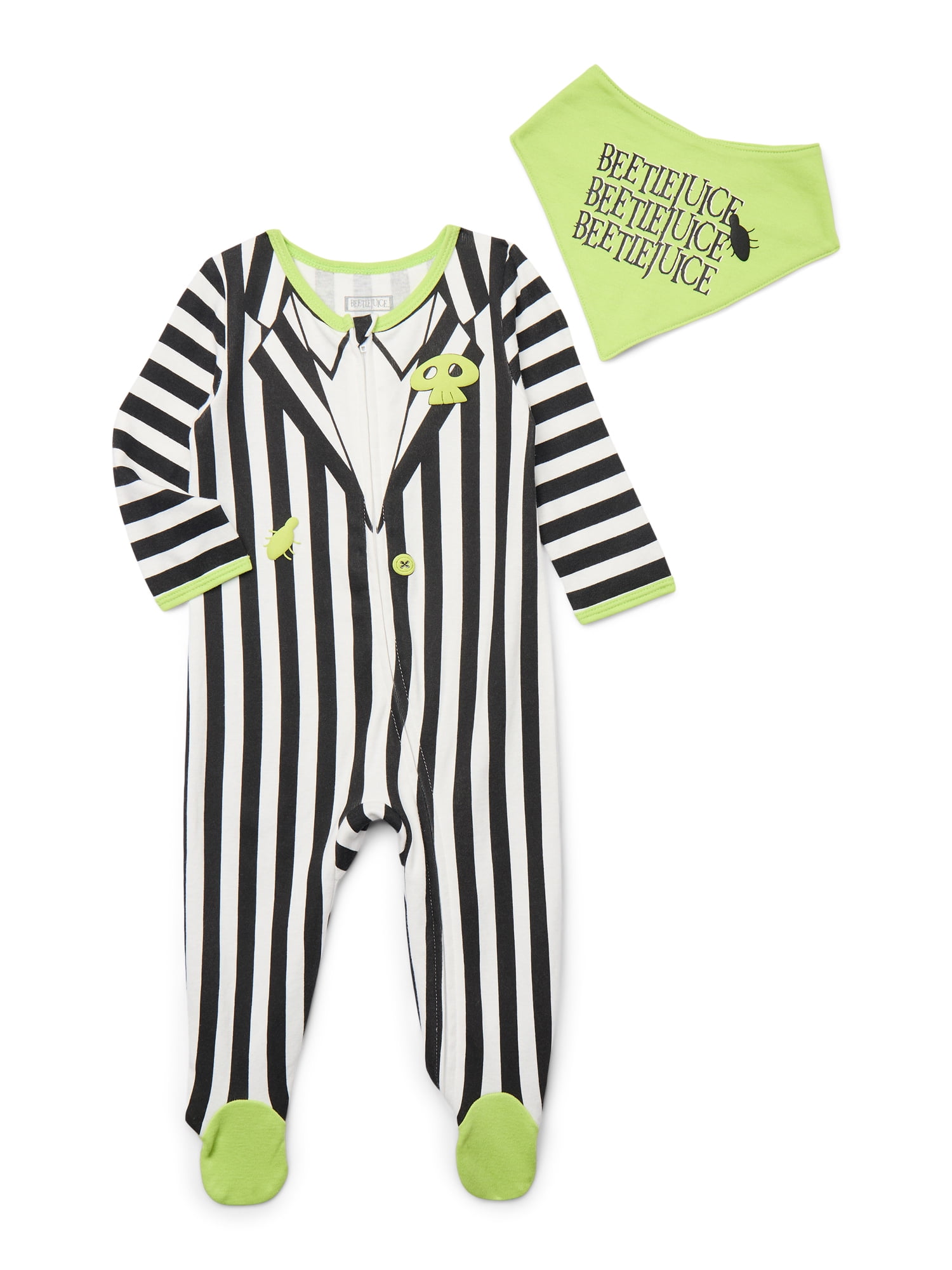 Halloween Beetlejuice Baby Boys or Girls Footed Sleep N Play Pajamas and Bib Set, 2-Piece, Sizes 0M-9M