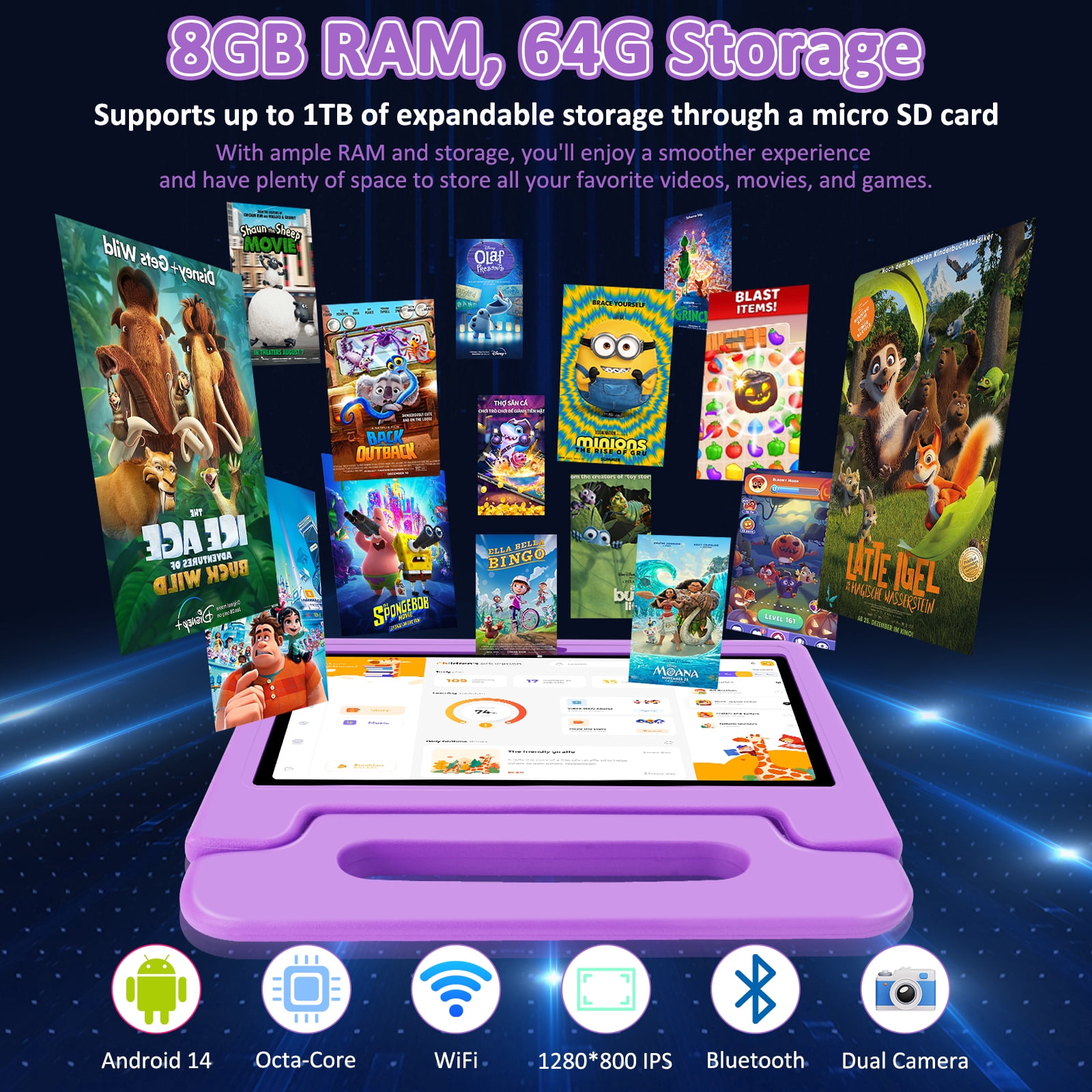 Kids Tablet, 10.1 inch Tablet for Kids IPS HD Screen RAM 8GB 64GB Storage, J10 Pro Toddler Tablet with Protective case - Purple