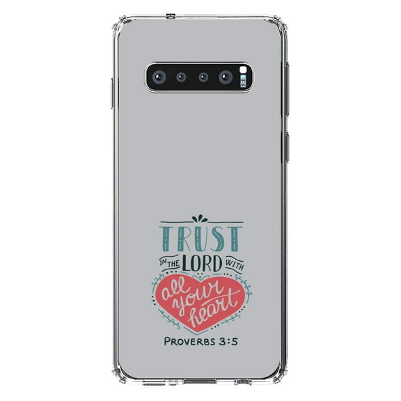 DistinctInk Clear Shockproof Hybrid Case for Samsung Galaxy S10  PLUS(6.4" Screen) - TPU Bumper, Acrylic Back, Tempered Glass Screen Protector - Proverbs 3:5 - Trust In The Lord All Your Heart