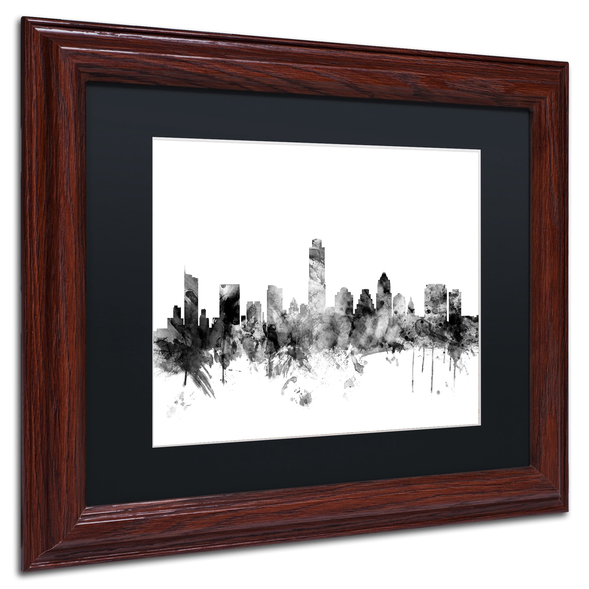 Trademark Fine Art "Austin Texas Skyline B&W" Canvas Art by Michael Tompsett, Black Matte, Wood Frame