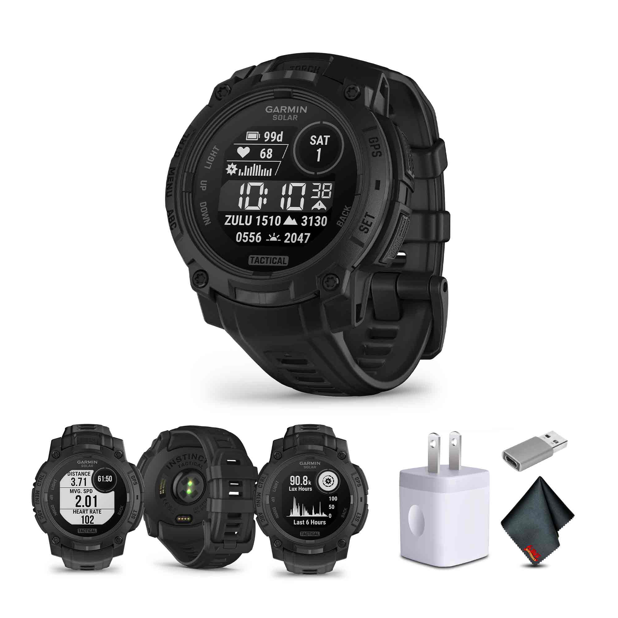 Garmin Instinct 3 Tactical Edition, Solar Charged 45mm Display, Outdoor Rugged GPS Smartwatch Bundle With USB Wall Charger + Microfiber Cleaning Cloth