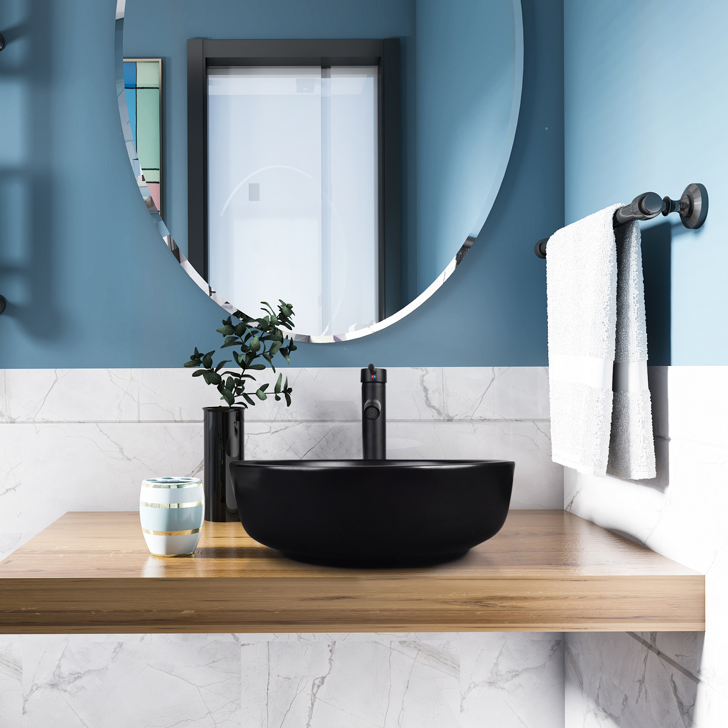 FULLWATT Black Ceramic Bathroom Sink, Above Counter Porcelain Vessel Sink with Black Faucet and Pop up drain Combo, Round