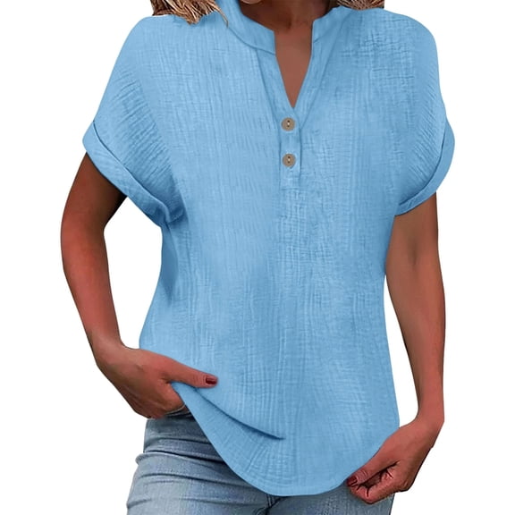 LWavelet Womens Plus Size V Neck Short Sleeve Top Henley Linen Summer Daily Casual Comfortable Versatile Blouse Light Blue L