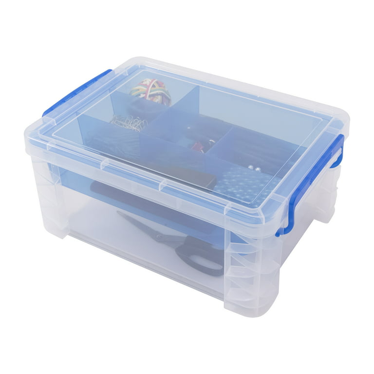 Super Stacker Divided Storage Box, 6 Sections, 10.38 x 14.25 x 6.5,  Clear/Blue