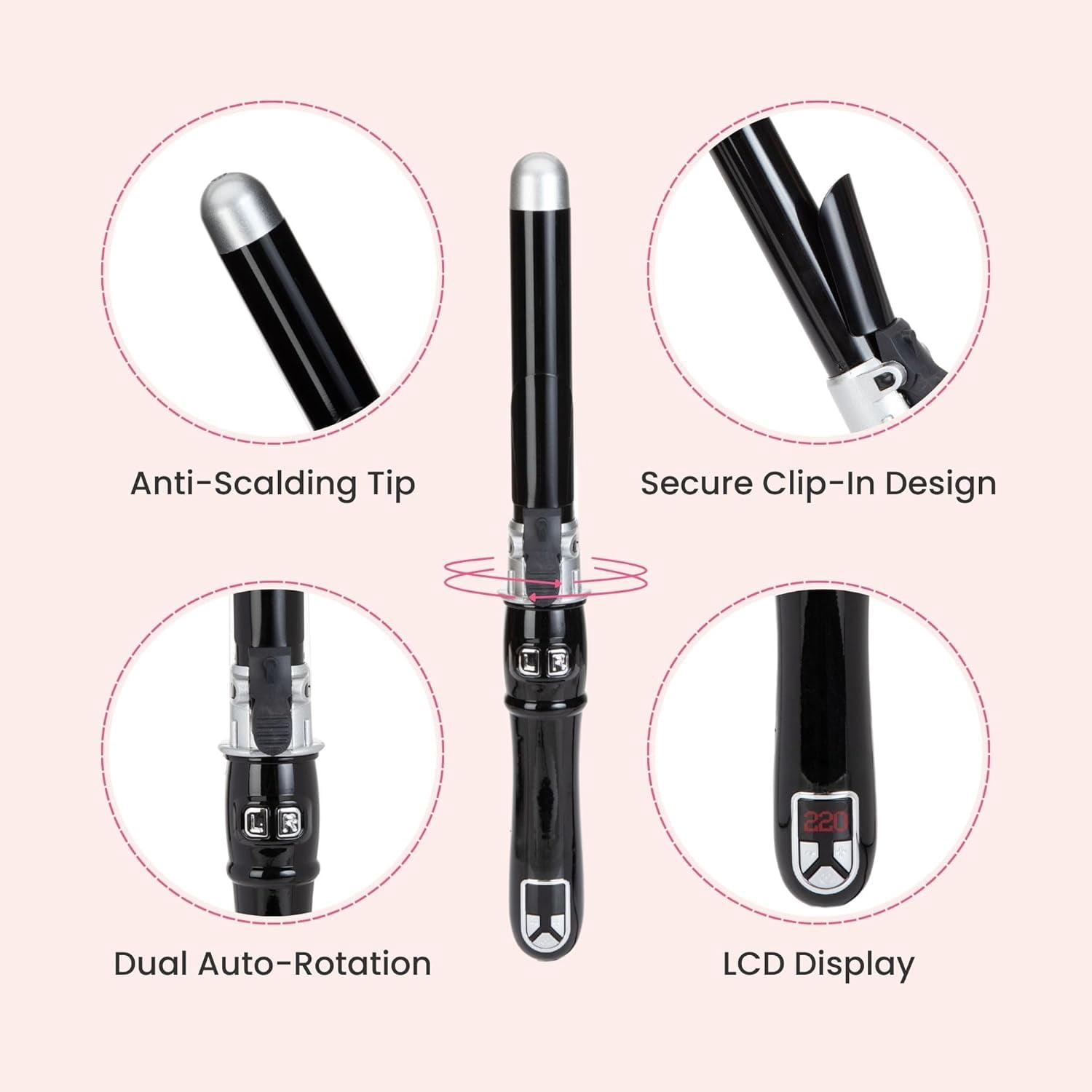 Automatic Rotating Curling Iron, 1.1-Inch Auto Hair Curler with 4 Temperature Settings & LCD Display, Anti-Scald & Dual Voltage