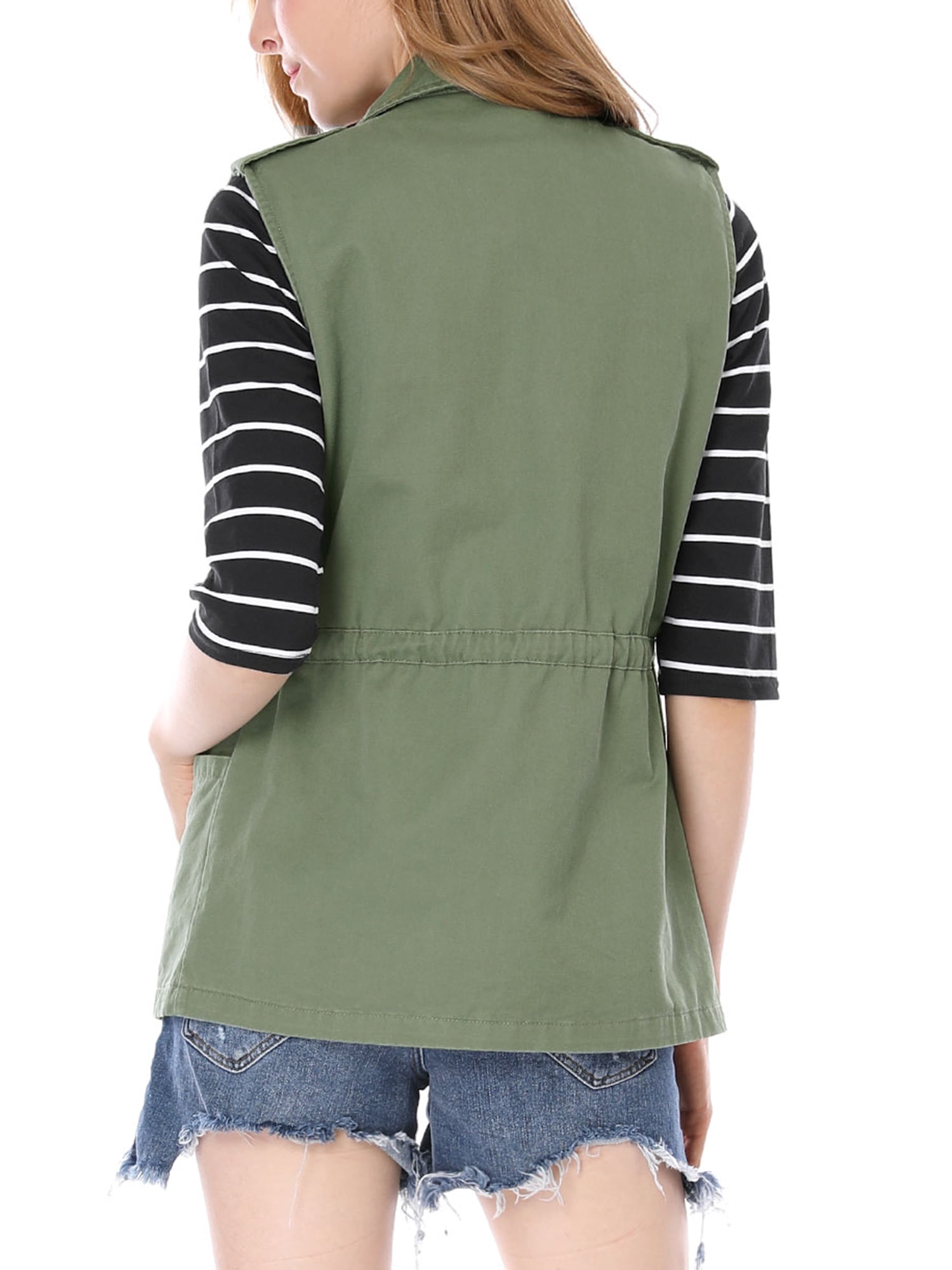 DARING DIVA Women Functional Pockets Drawstring Waist Cargo Vest XL Green