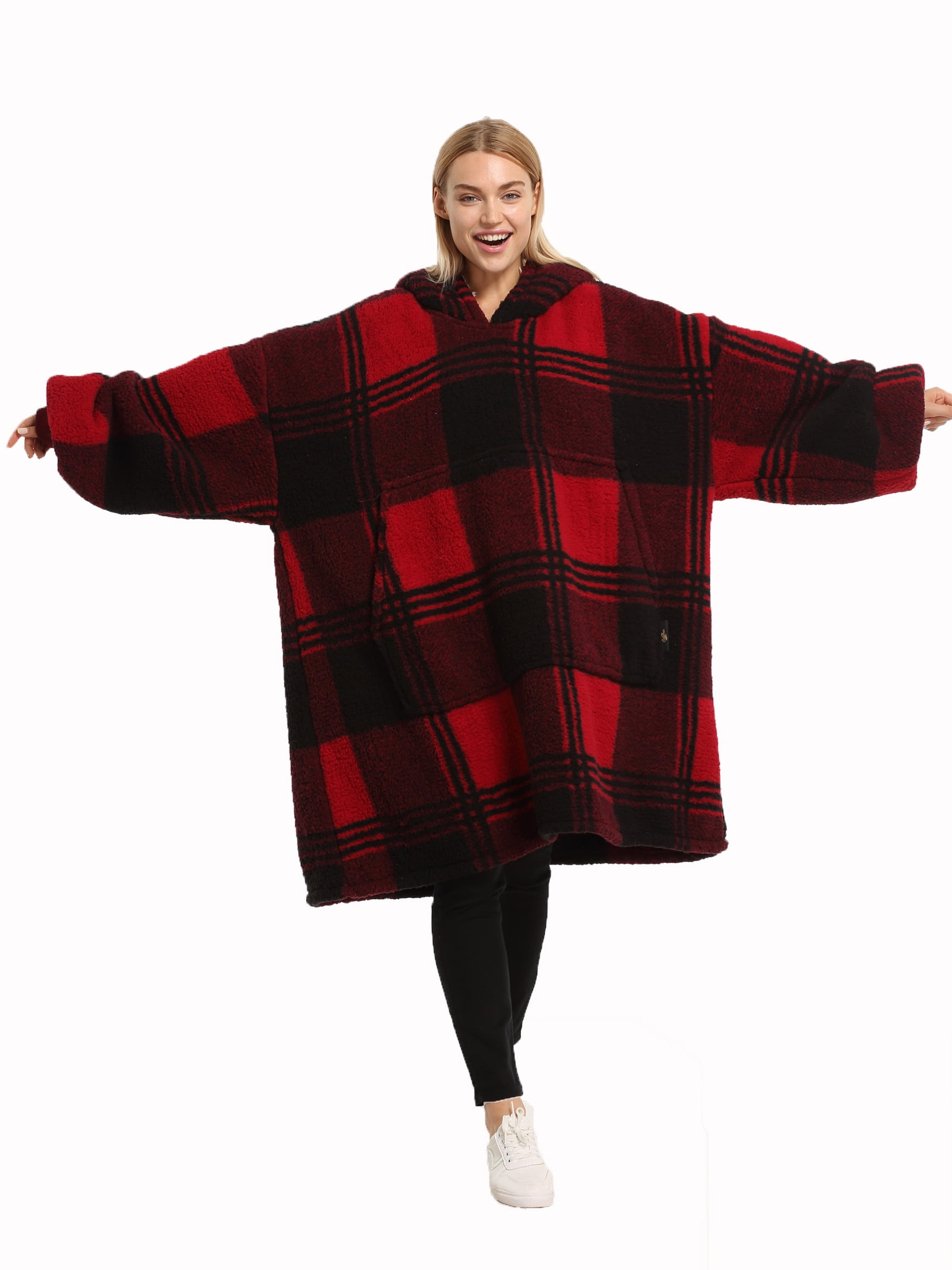 Flyingstar Wearable Blanket, Oversized Blanket Hoodie for Women Men,Red Plaid