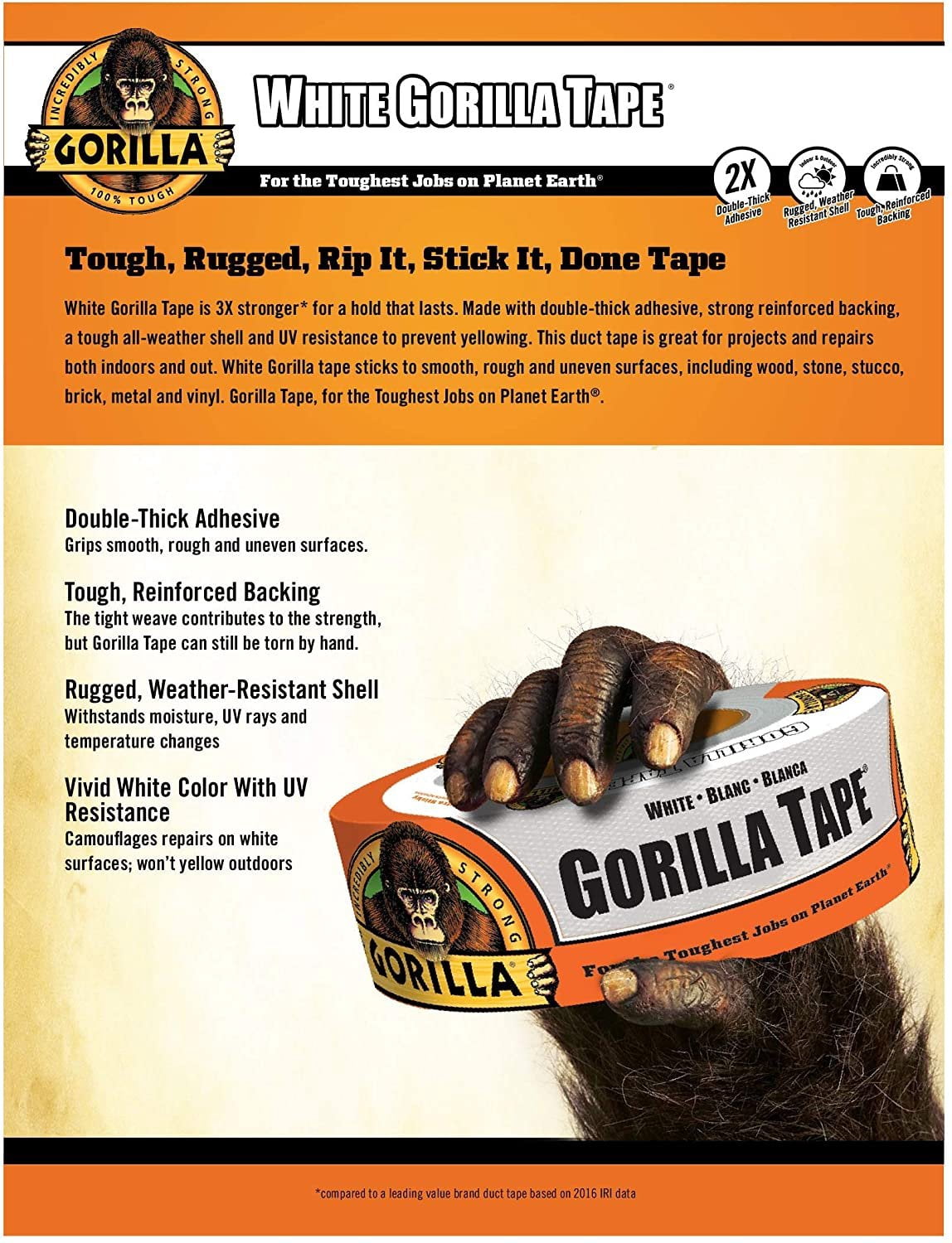 Gorilla 6025001-3 Duct Tape, 1.88" x 30 yd, White, Pack of 3, 3-Pack, 3 Piece