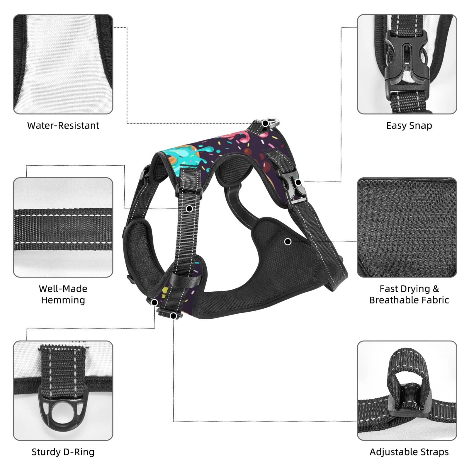 Fuzoiu Donuts1 Print Reflective Dog Harness,Adjustable, Breathable Pet Vest,Dog Harness No Pull,No Choke Pet Vest for Small, Medium, and Large Dogs-X-Large