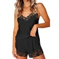 thumbnail image 1 of Conjunto de Ropa de Dormir de Encaje Cuello en V Cintura elástica Color Puro Transpirable Mujer Pijama Top Pantalones Cortos para el hogar Hotel Negro S, 1 of 6