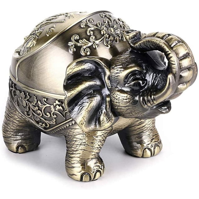 Cenicero decorativo resistente al viento con tapa, diseño de elefante vintage, para exteriores, interiores Adepaton LKX-1418-1