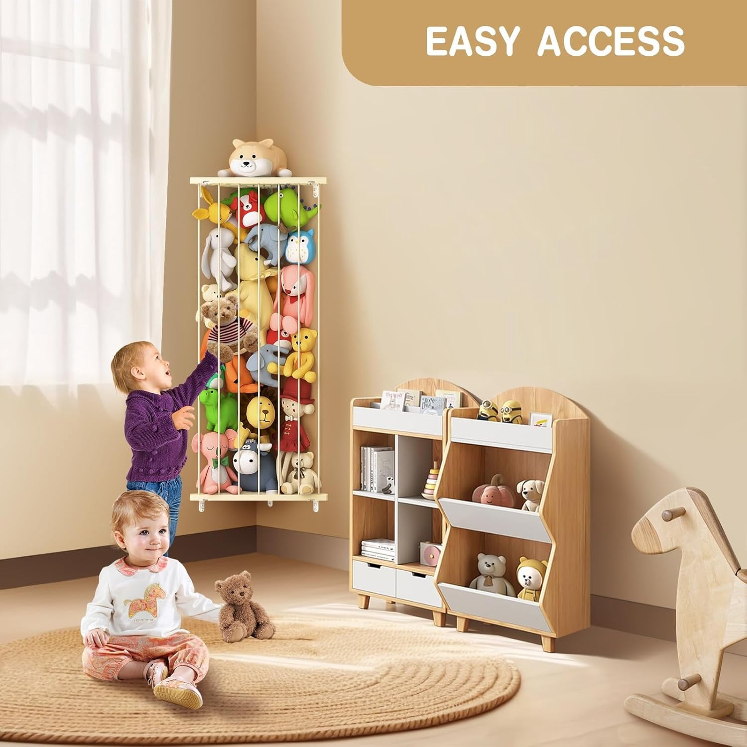 ZYHYPWW Wooden Stuffed Animal Storage Shelf, Star Pattern Adjustable Hanging Plush Toy Organizer, Corner Toy Holder for Kids Bedroom Nursery Playroom