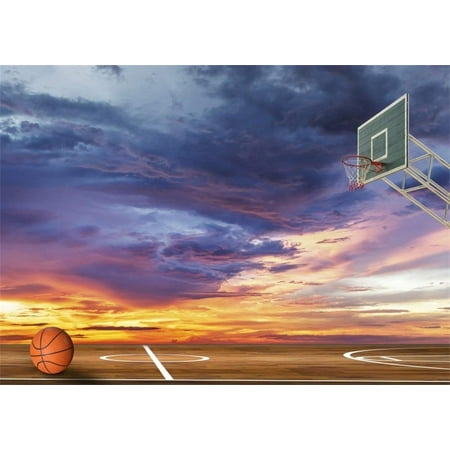 Image of ABPHOTO Polyester 7x5ft Basketball Court Backdrop Basketball Hoop Colorful Sky Creative Sports Backdrops for Photography Shabby Wood Floor Photo Background Boys Students Game Studio Props