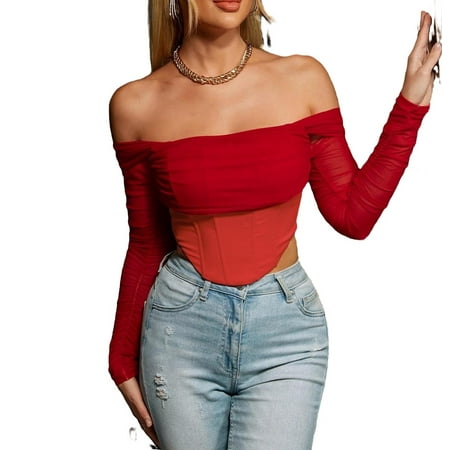 

Casual Off the Shoulder Mesh Corset Top Long Sleeve Red Women s Tops (Women s)