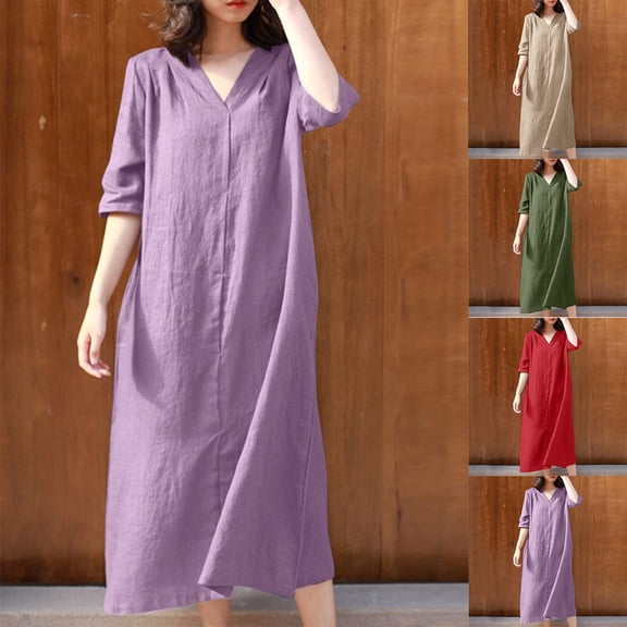 ClodeEU Women's Short Sleeve V Neck Medium Sleeve Versatile Dress,Loose Solid Color Maxi Dress Purple,Womens Plus XXXXL