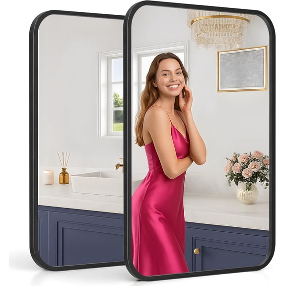 24"x36" Matte Black Bathroom Mirrors for Over Sink 2-Pack, Heavy-Duty Iron Frame & HD Glass, Rounded Rectangular Wall Mounted Vanity Mirrors, Rustproof Design for Modern Farmhouse Bathrooms