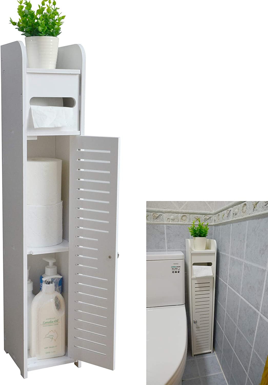 Toilet Paper Storage Cabinet Bathroom Floor Storage Cabinet Small Bathroom Storage Corner Floor Cabinet with Doors and Shelves White