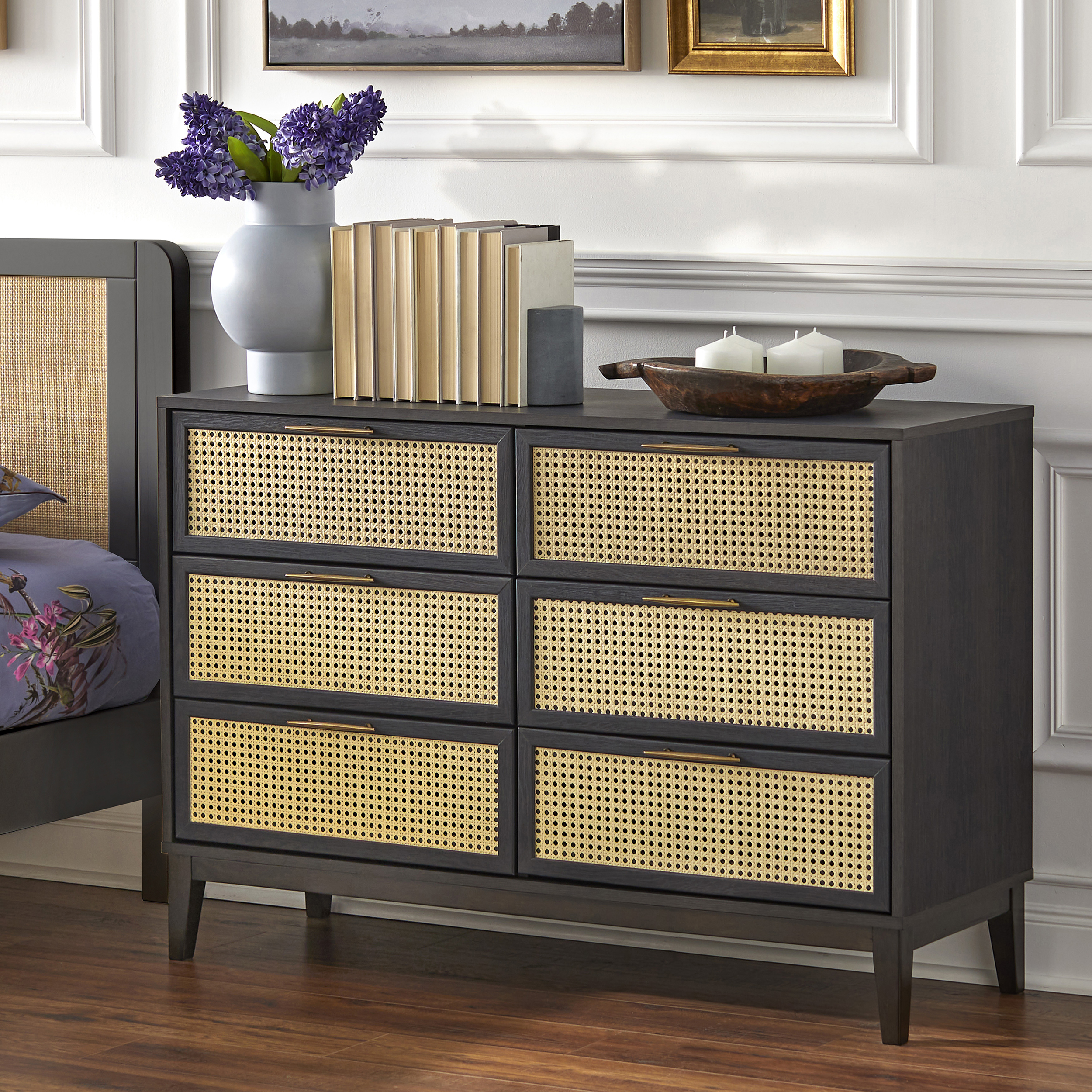 TMS Watson 6-Drawer Dresser with Natural Cane Drawer Fronts, Black