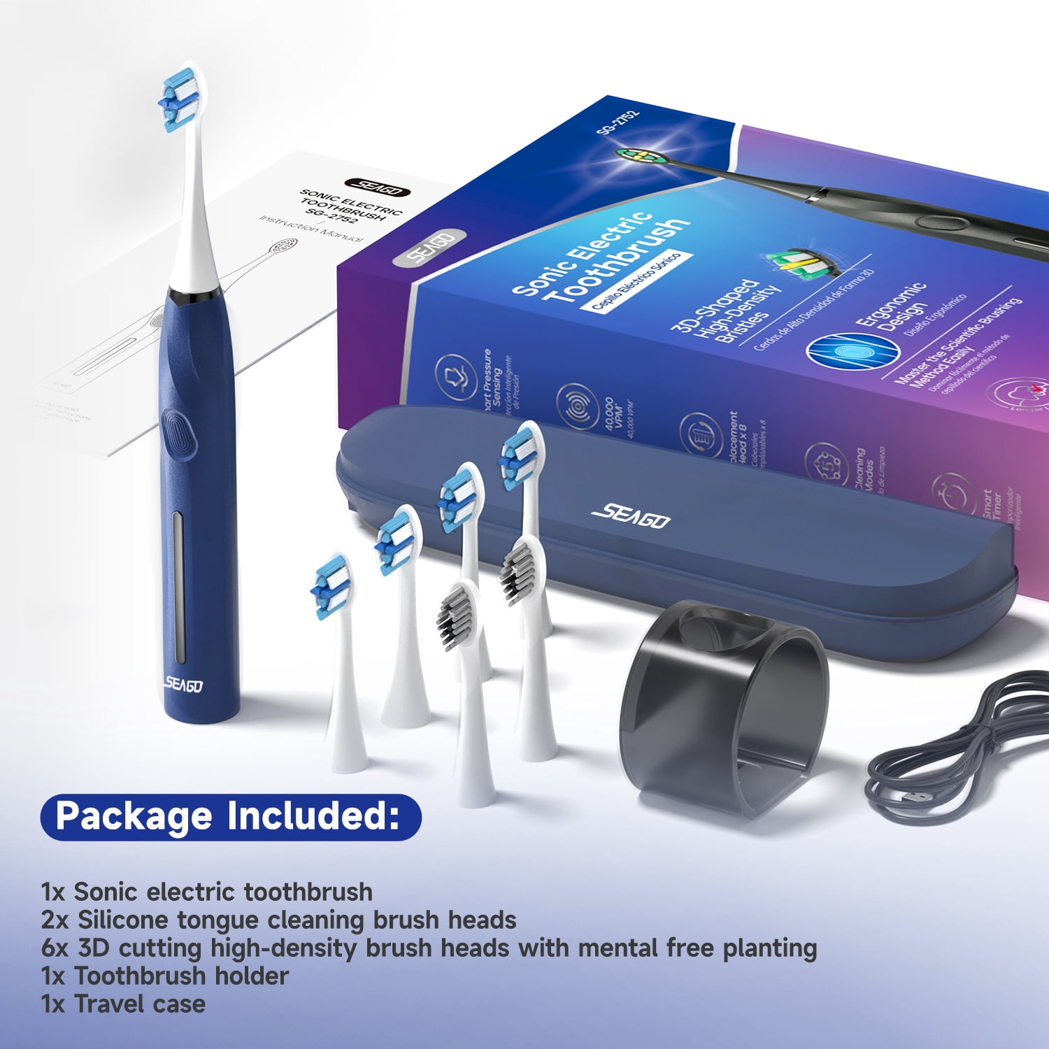 Seago Electric Toothbrush for Adult,Seamless Design,8 Brush Heads,Travel Case and Hold,Blue SG2752