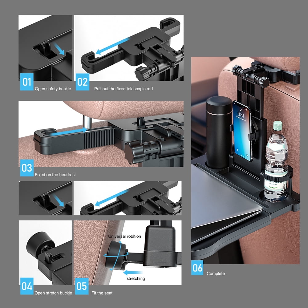 Tray Adjustable Car Seat Travel Table Multifunctional Foldable Car Back Seat Food Tray, Car Table With Phone Holder For Working, Writing, Eating Black