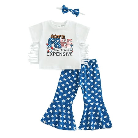 

Suanret Toddler Baby Girls 4th of July Clothes Tassel T-Shirt Tops+Star Print Flared Pants+Headband Summer Outfits White 2-3 Years