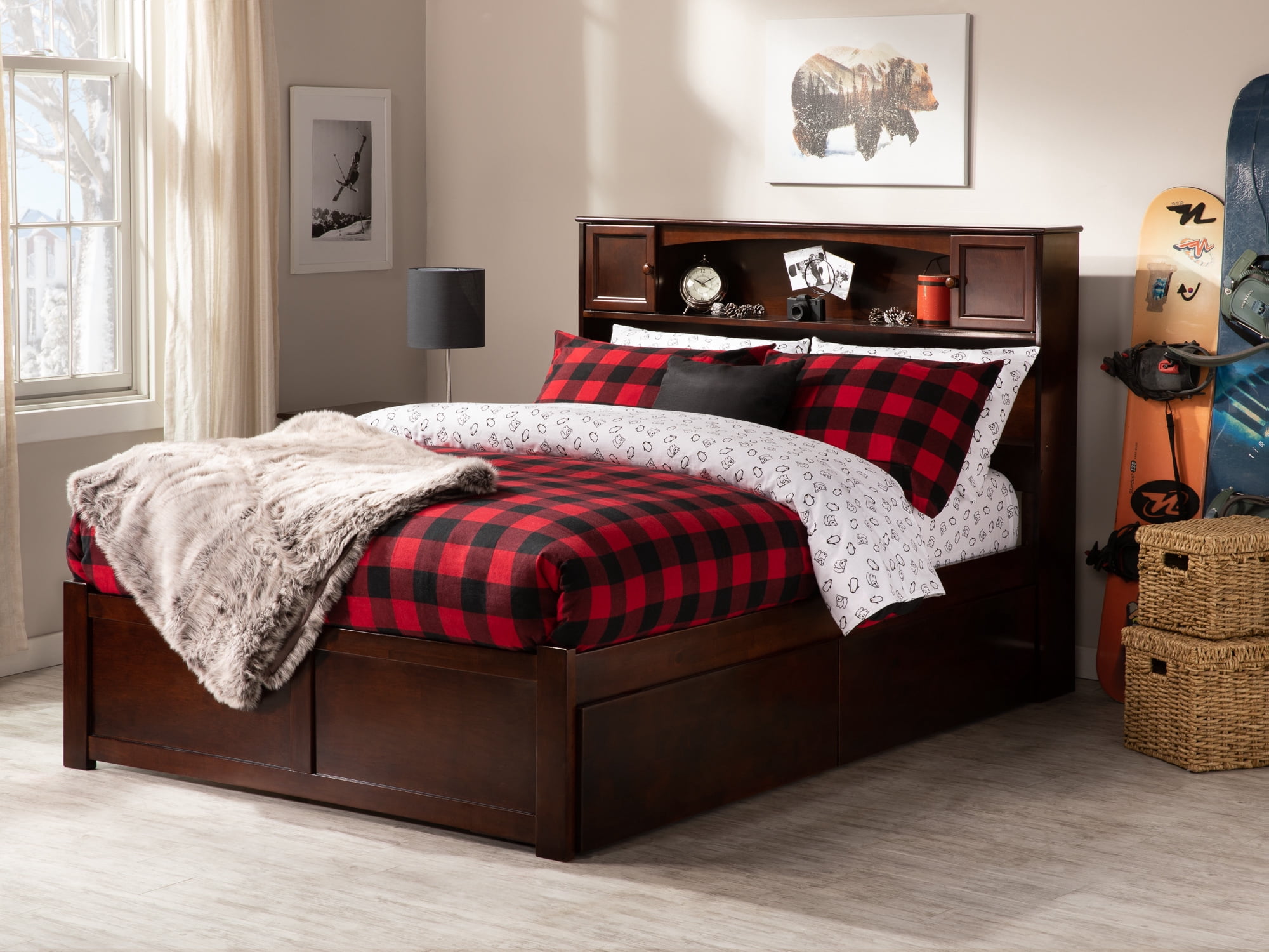 AFI Newport Full Solid Wood Platform Bed with Footboard & 2 Storage Drawers in Walnut