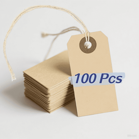 WuPing 100 Pcs Manila Paper Tags Kraft Tags with String, 3/4" x 1 3/8" Hang Pre-Strung Tags Reinforced Eyelet