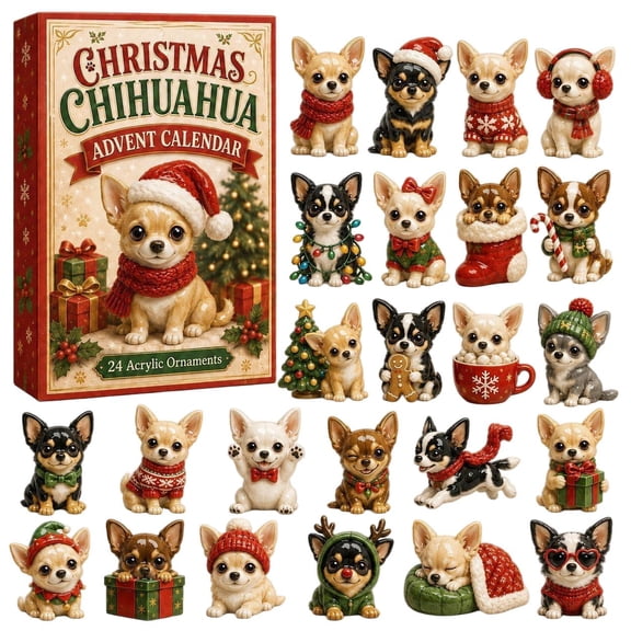 CQHVKQ Christmas Advent Calendar 2026, 24 Days Christmas Countdown Calendar of Puppy Surprise, Christmas Themed 2D Acrylic Chihuahua Ornaments Advent Calendar for Dog Lover Gifts, Xmas Tree Decor
