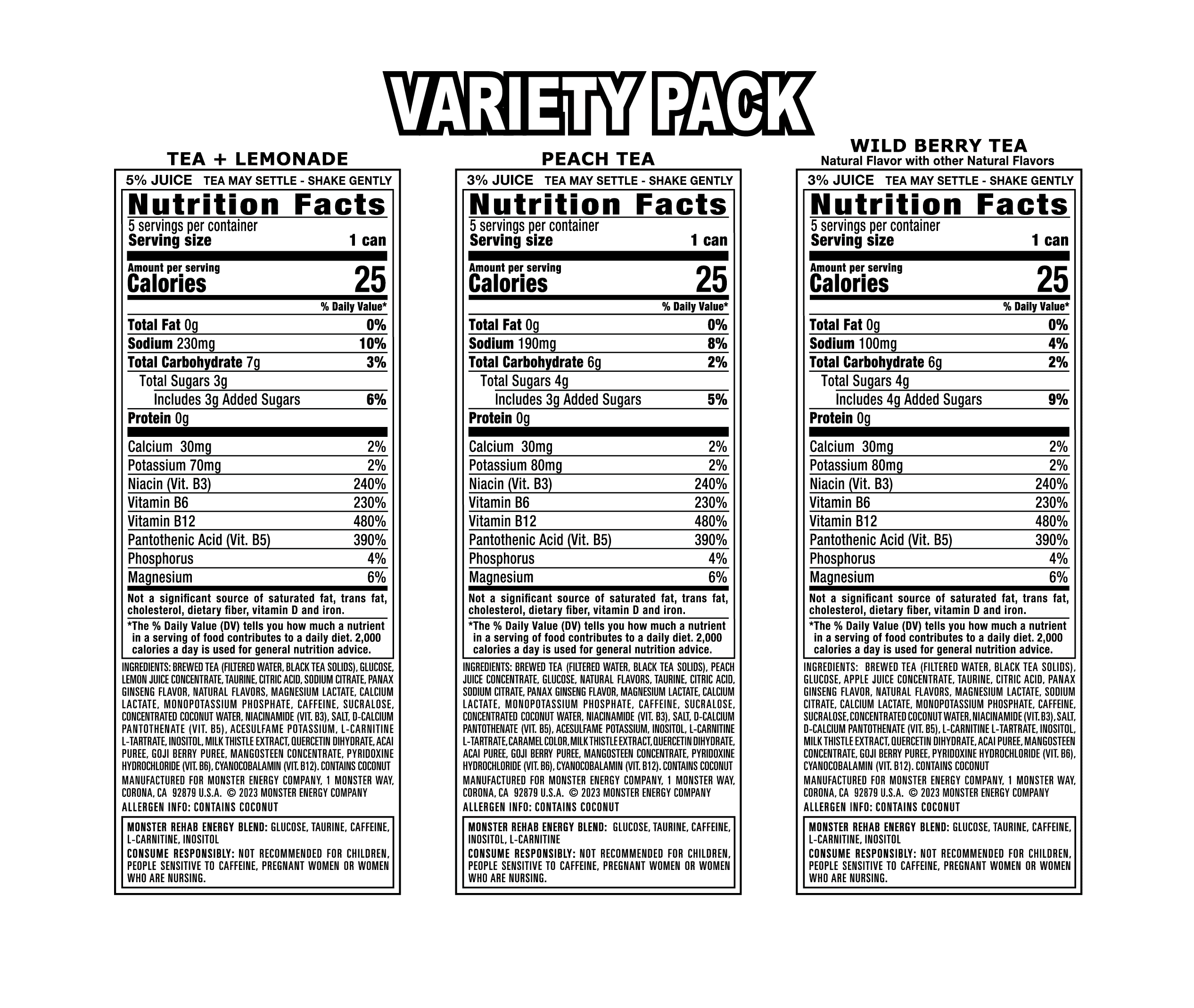 Monster Rehab Variety Pack, Lemon, Peach, Wild Berry Tea, 12 Count, 15.5 fl oz