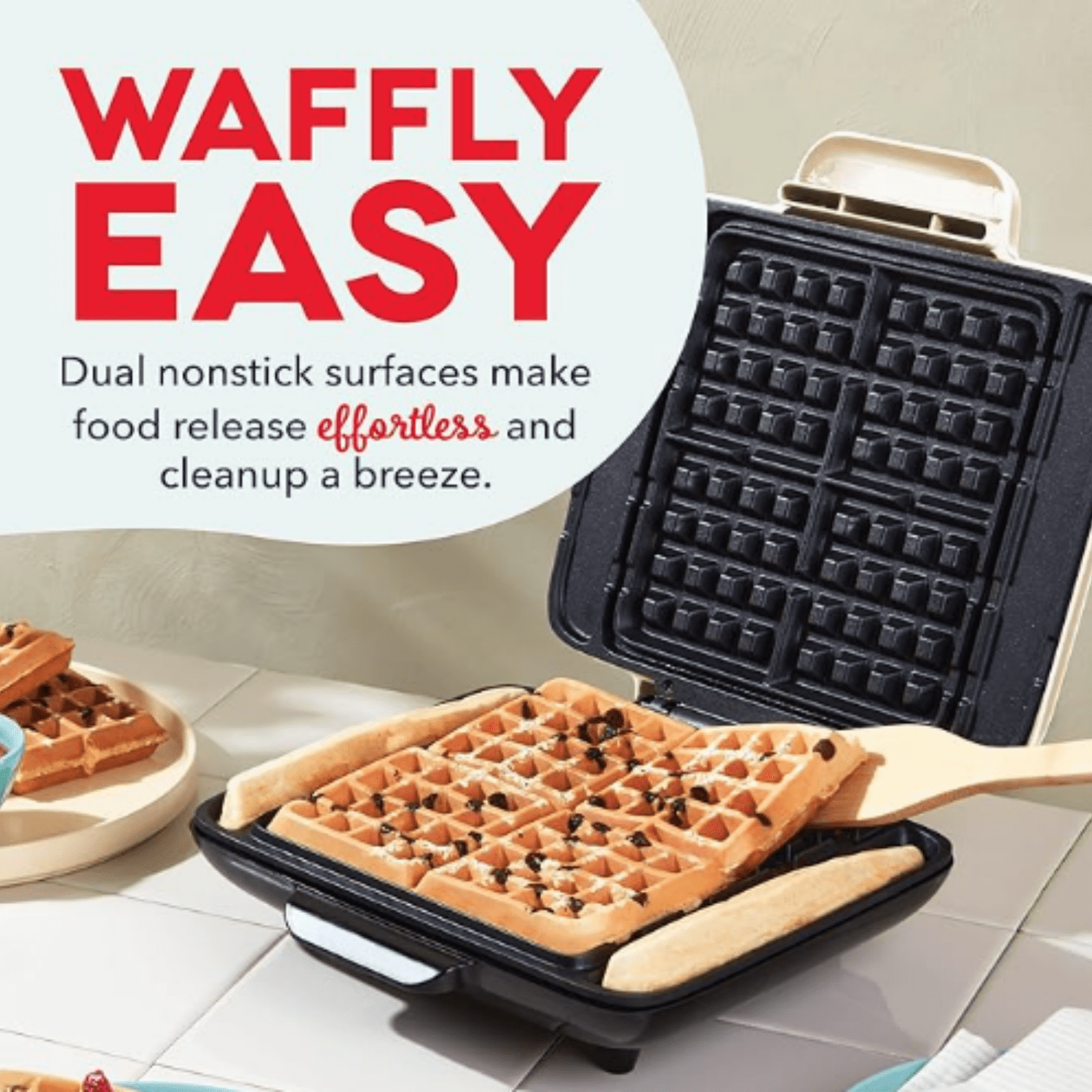 No-Drip Waffle Maker - Four Waffle Molds, Nonstick Waffle Iron with Quick Heat-Up, Nonstick Surface - Perfect Waffle Maker for Kids and Families, Just Add Batter