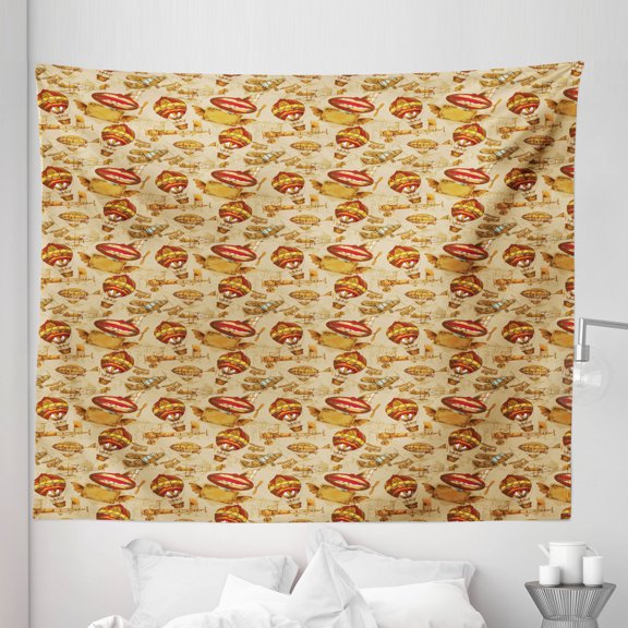 Vintage Airplane Tapestry, Hand Drawn Aviation Themed Abstract Crafts Balloon and Planes, Fabric Wall Hanging Decor for Bedroom Living Room Dorm, 5 Sizes, Pale Brown Red Yellow, by Ambesonne