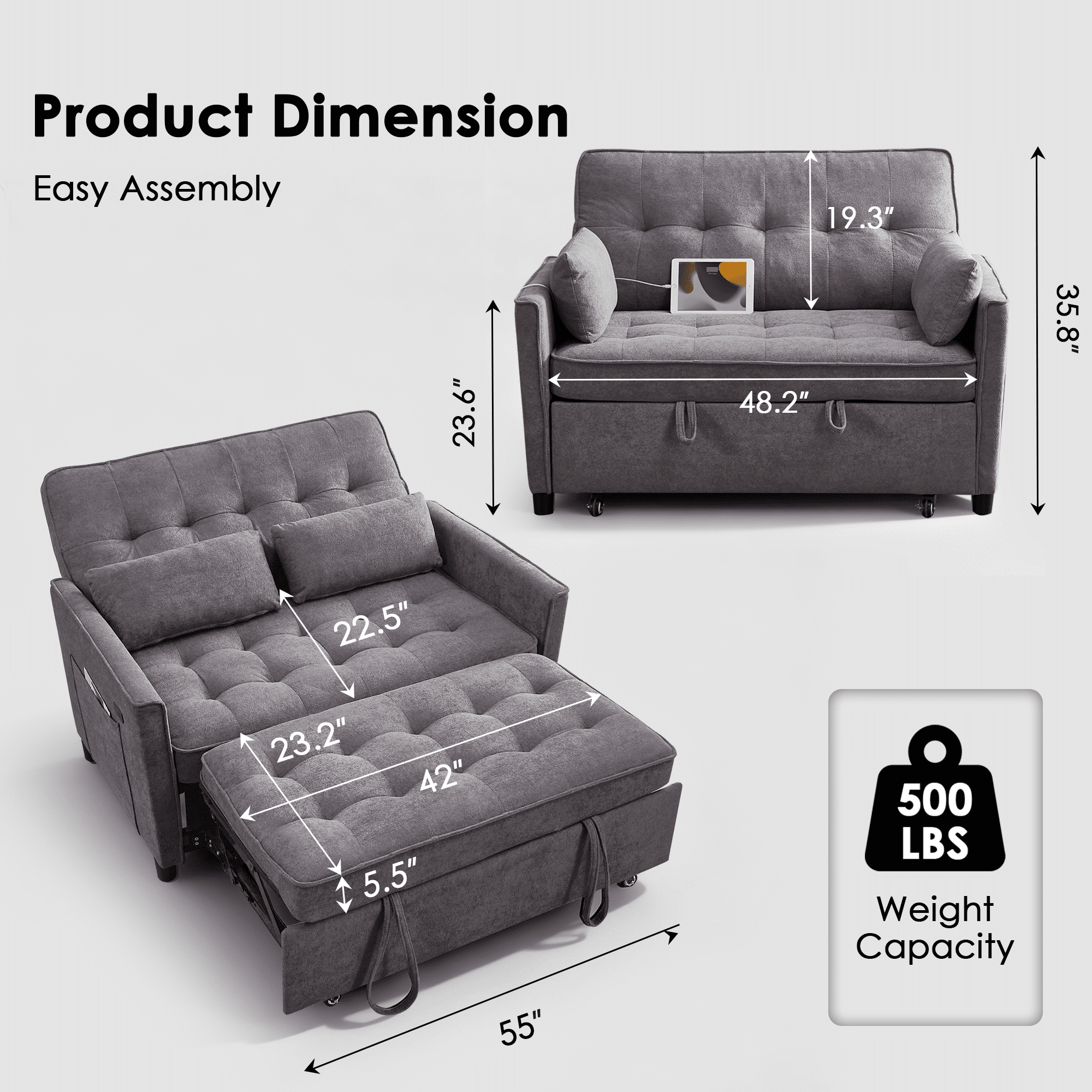 Convertible Sofa Bed,55" 3-in-1 Sleeper Sofa with Pull Out Bed,Sleeper Couch Loveseat with Adjustable Backrest,USB Charging Ports & Side Pockets for Living Room,Apartment,RV,Easy Assembly,Grey