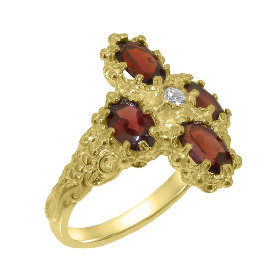 LBG British Made 9k Yellow Gold Natural Diamond & Garnet Womens Statement Ring - 33 size options - Size 10