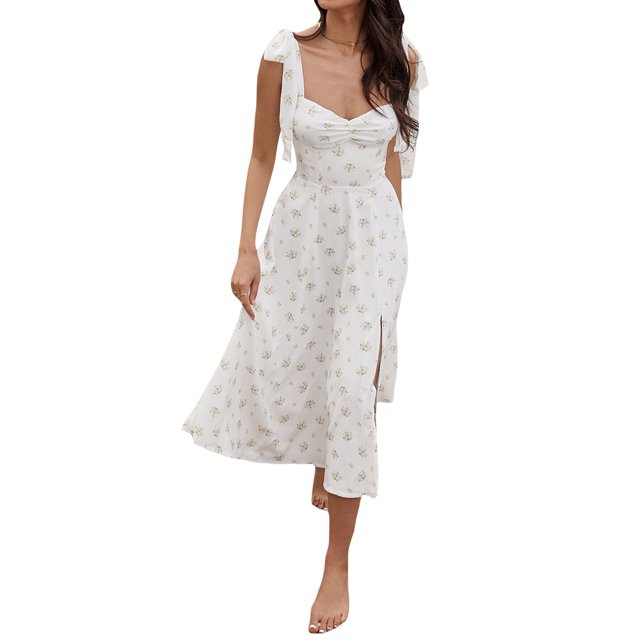 Kmbangi Robe de Soirée Midi d'Été pour Femmes Couleur Unie Sans Manches Robe de Plage Dos Nu Fendue