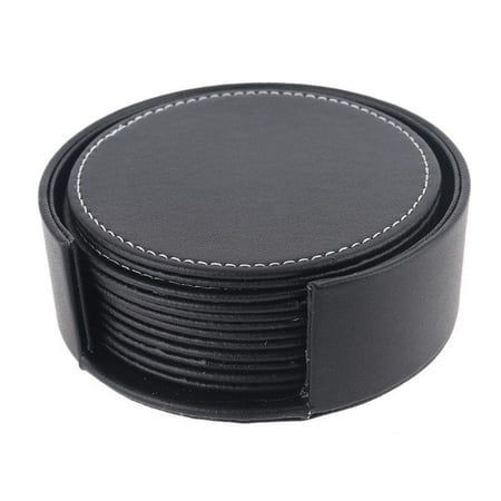 

DOYOUNG Set of 6 Leather Drink Coasters Round Cup Mat Pad for Home and Kitchen Use Black