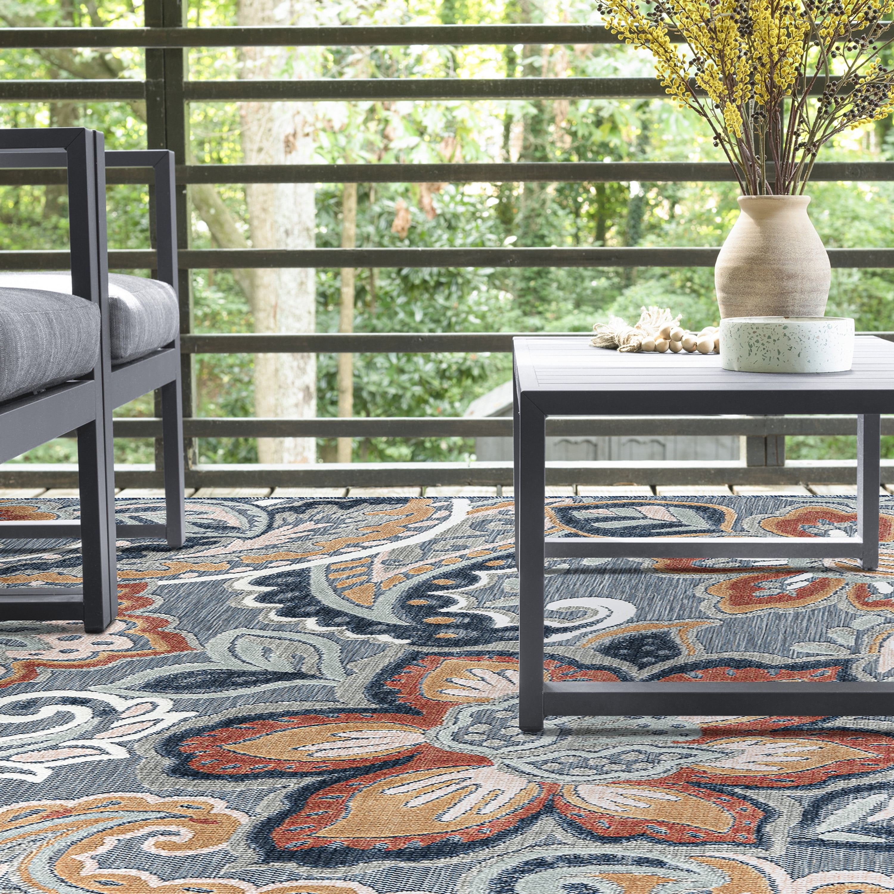 Bliss Rugs Tropical Floral Indoor Outdoor Area Rug for Patio, Porch, Garden Modern | Dark Blue, 3'10'' x 5'3''