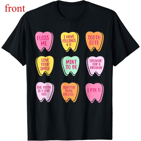Cotton Dental Valentine Tee Tooth Candy Graphic Retro Dentist Top Love Apparel Short Sleeve Round Neck Black S-5XL