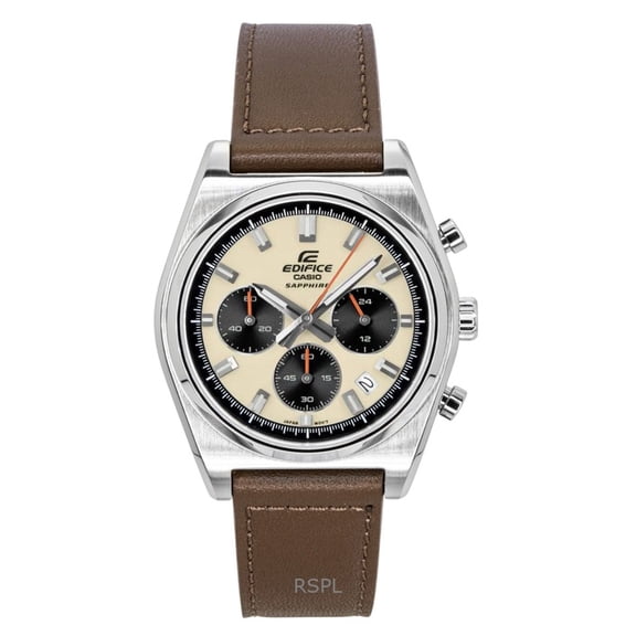 Casio Edifice Analog Standard Chronograph Leather Strap Ivory Dial Quartz EFB-730L-7AV 100M Men's Watch