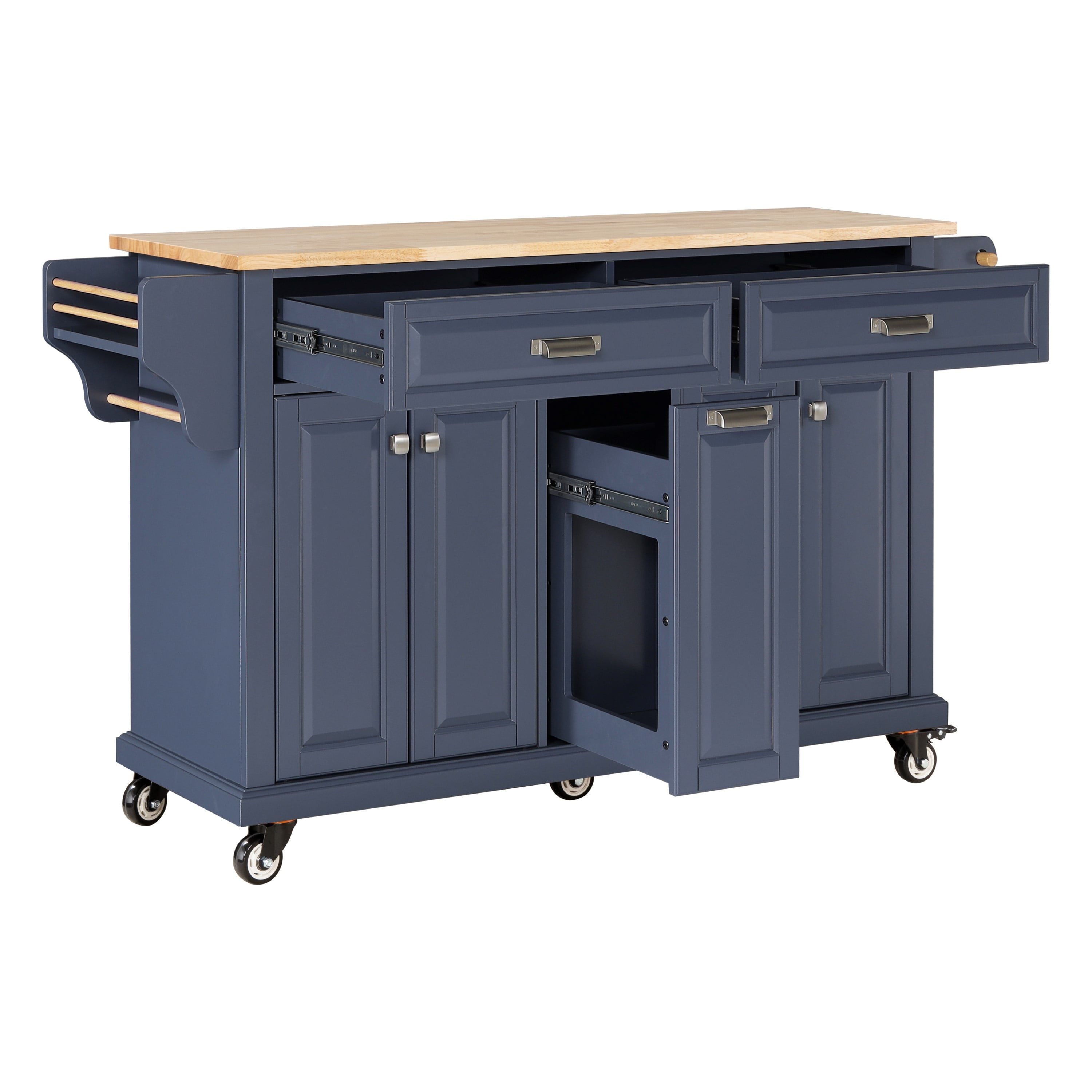 Cambridge Mobile Kitchen Islands on Wheels with Storage, Rubber Wood Countertop, Spice Rack,Towel Holder, 3 Storage Drawers and 2 Cabinets, L60.5 x W18.13 x H36.75IN, (Blue)