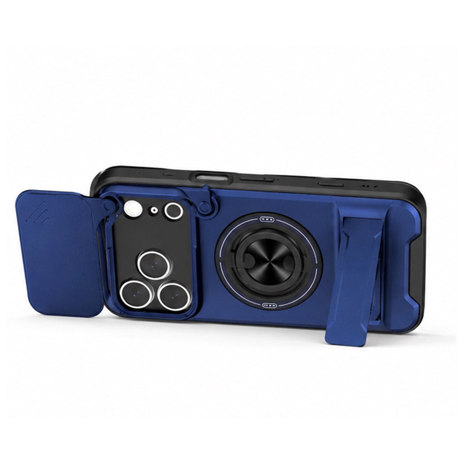Magnetic Shockproof Slide Camera Lens Case with Ring Stand for iPhone 17 Pro Max - Blue