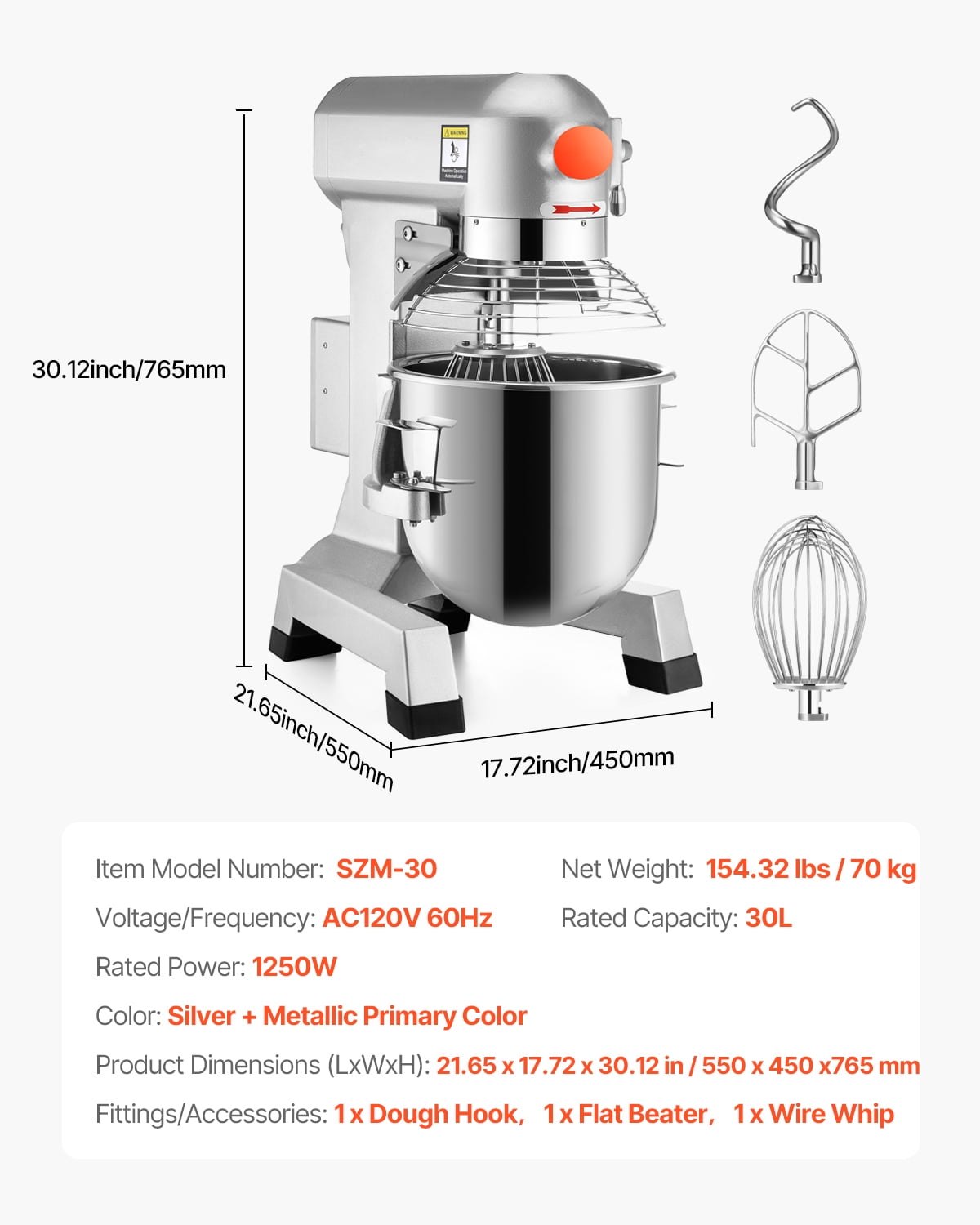 KFFKFF Commercial Food Mixer, 30Qt, 1100W Electric Stand Mixer, 3 Adjustable Speeds 105/180/408 RPM, Stainless Steel Bowl, Dough Hooks, Whisk, and Beater, for Schools, Bakeries, Resta