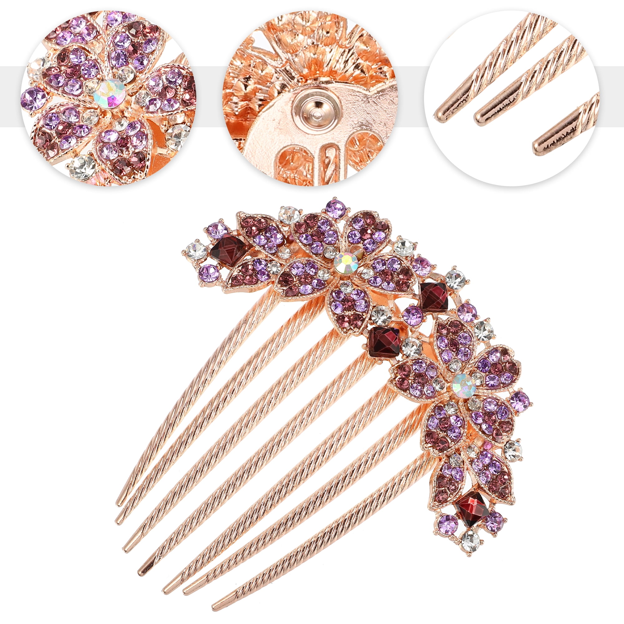 Unique Bargains Women Rhinestone Inlaid Flower Hair Comb Purple