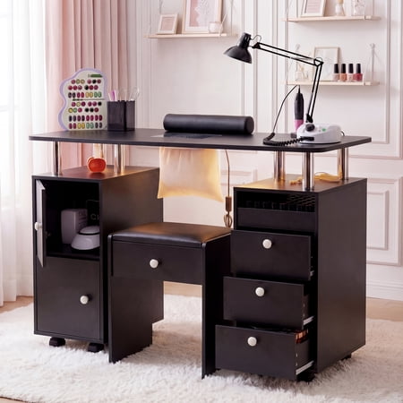 Advwin Rolling Manicure Table Set with Upholstered Storage Stool Dust Collector & LED Lights Professional Nail Tech Desk with Wheels Nail Technician Workstation for Salon or Home Use Black