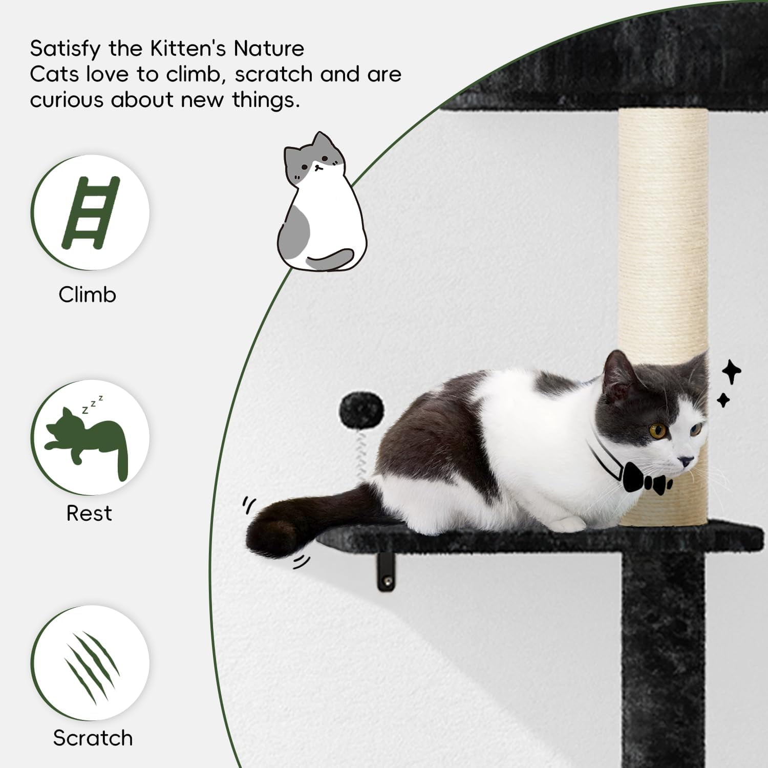 SONGMY Wall Mounted Cat Climber Set, Wall Furniture Set, DIY Wall/Window Shelves, Scratching Post, Comfortable Bed, Cat Shelves for Indoor - Blcak