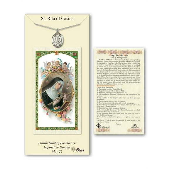 Pewter St. Rita of Cascia medal on an 18 inch Lite Curb Chain with a Prayer to St Rita of Cascia Prayer Card.