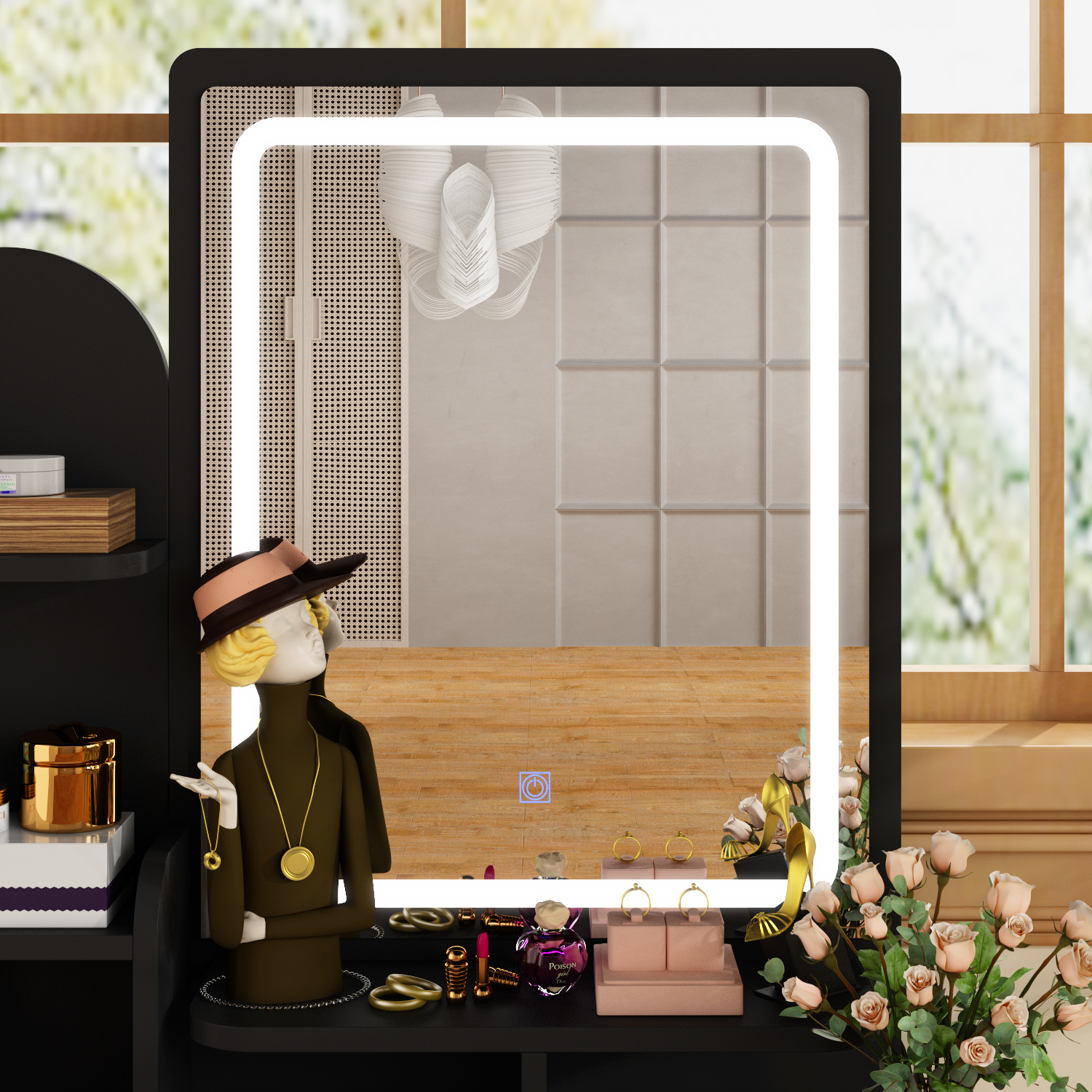 MONSLIPA Vanity Set with Lighted Mirror, Makeup Dresse Table with 5 Drawers and Open Shelves, Cushioned Stool ( Black )