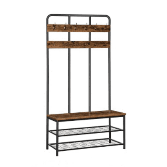 with Bench, Entryway Bench with Coat Rack, Mud Room Bench with 12 Double Hooks and Storage Bench, Coat Tree, Shoe Rack Organizer, for Foyer, Front Door, Rustic Brown